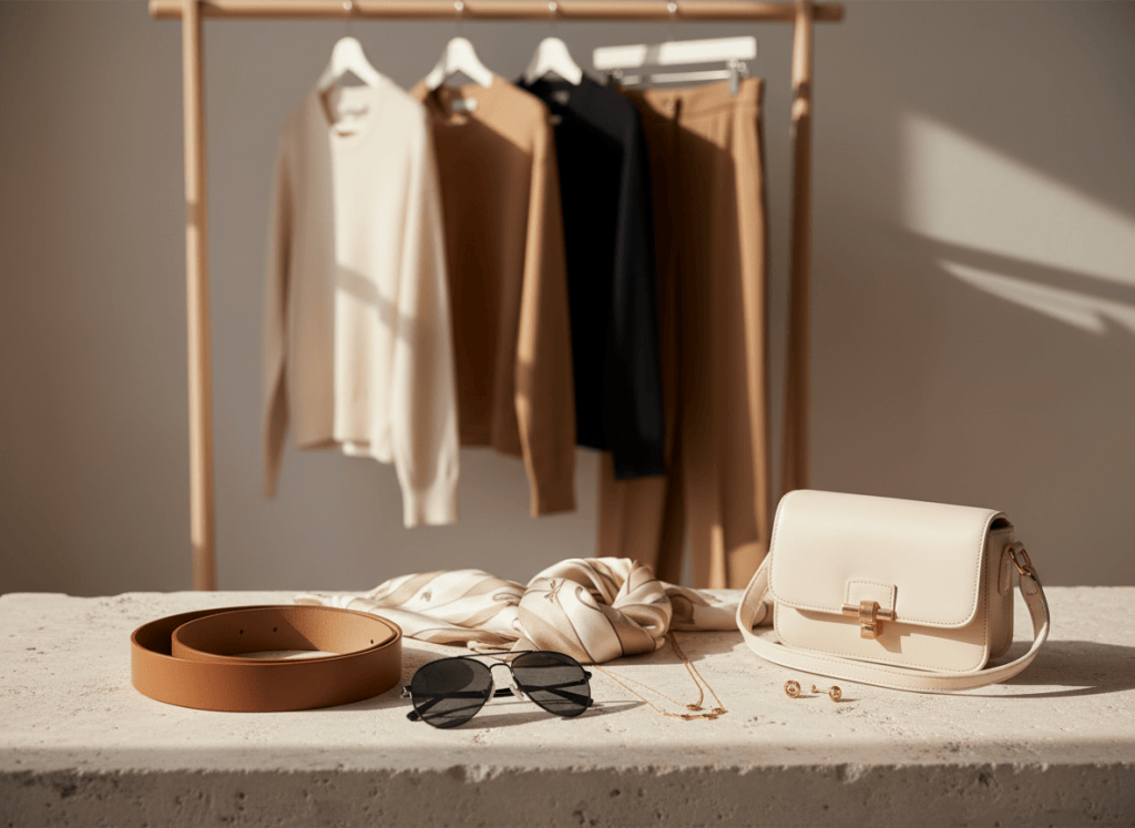 Selección de cinturón, pañuelo, gafas, joyas y bolso junto a prendas básicas en tonos neutros