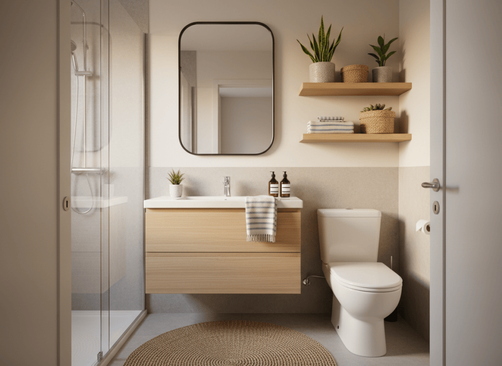 Baño pequeño ordenado con mueble de madera, espejo, plantas y almacenaje integrado