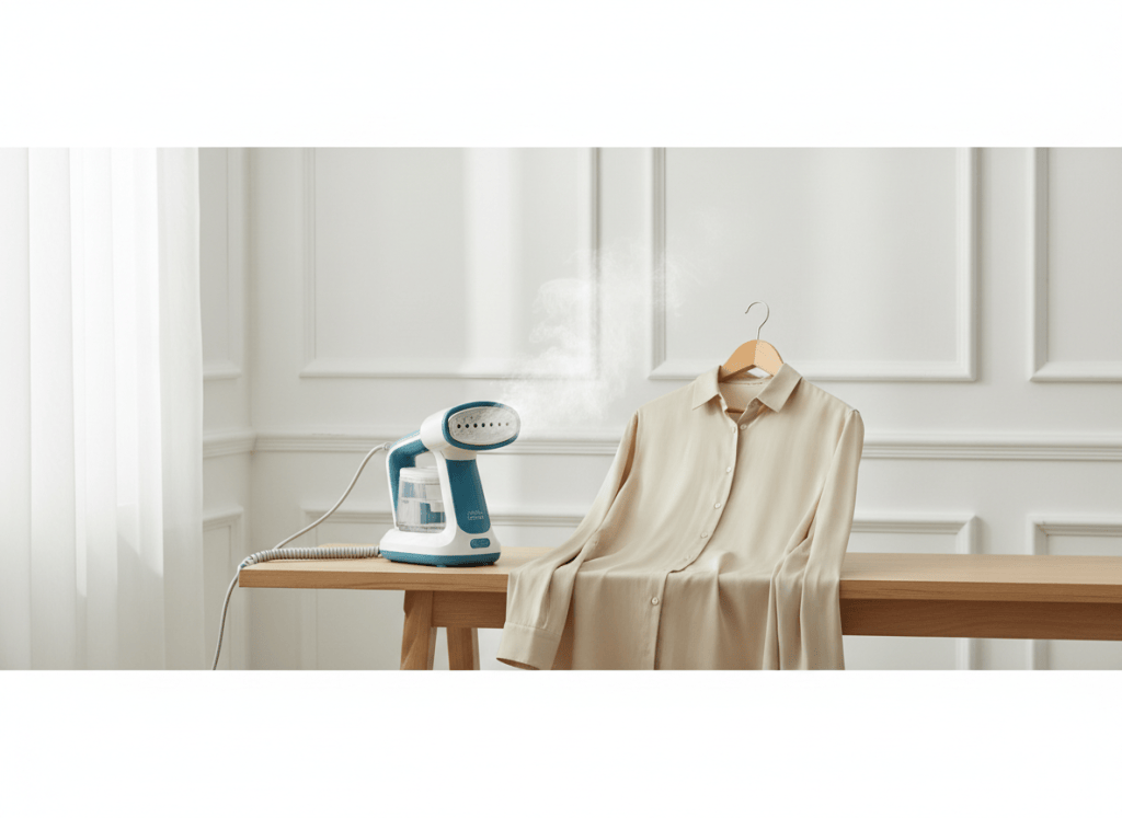 Vaporizador de mano azul y blanco junto a una camisa clara en un interior luminoso