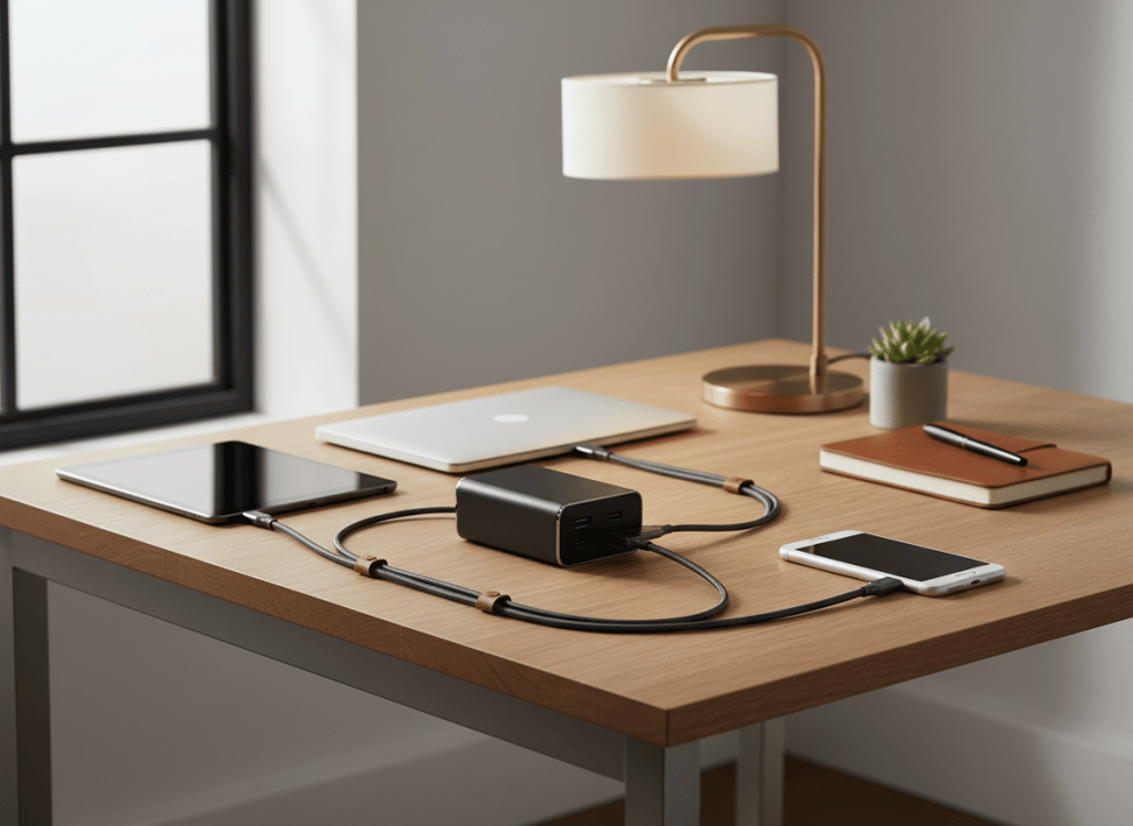 Cargador USB-C multipuerto conectado a portátil, tablet y móvil sobre un escritorio ordenado