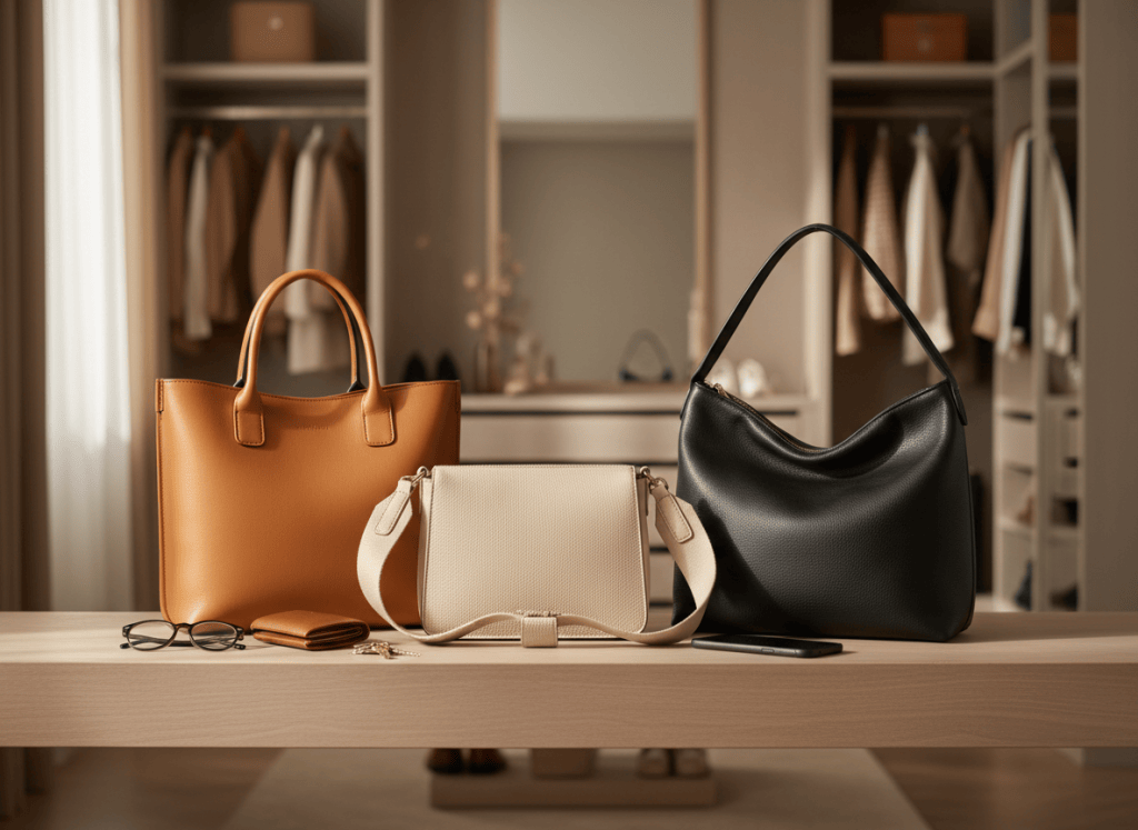 Tres bolsos de diario en tonos neutros junto a objetos cotidianos en un vestidor elegante