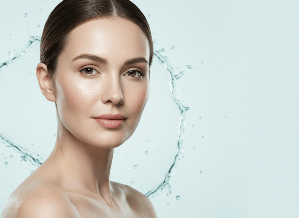 Modelo con piel luminosa en una composición editorial de tonos aqua inspirada en hidratación facial