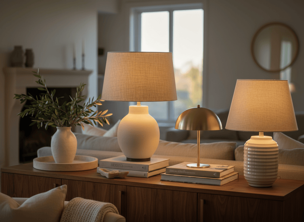 Lámparas de mesa cálidas de distintos estilos en un interior elegante con madera y textiles
