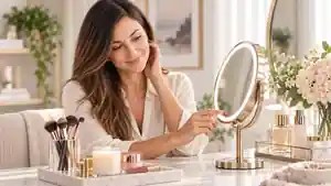 Rutina de belleza junto a espejo de maquillaje con luz en un espacio elegante y luminoso