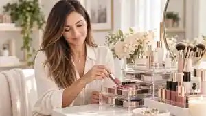Organización de maquillaje en tocador elegante con organizadores acrílicos y productos ordenados