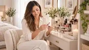 Rincón de maquillaje bonito y funcional en dormitorio con tocador, espejo y organizadores