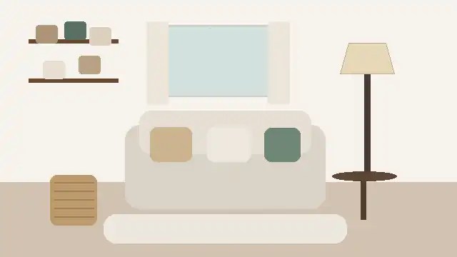 Salón pequeño y acogedor con sofá, lámpara, estantes y almacenaje visualmente ordenado