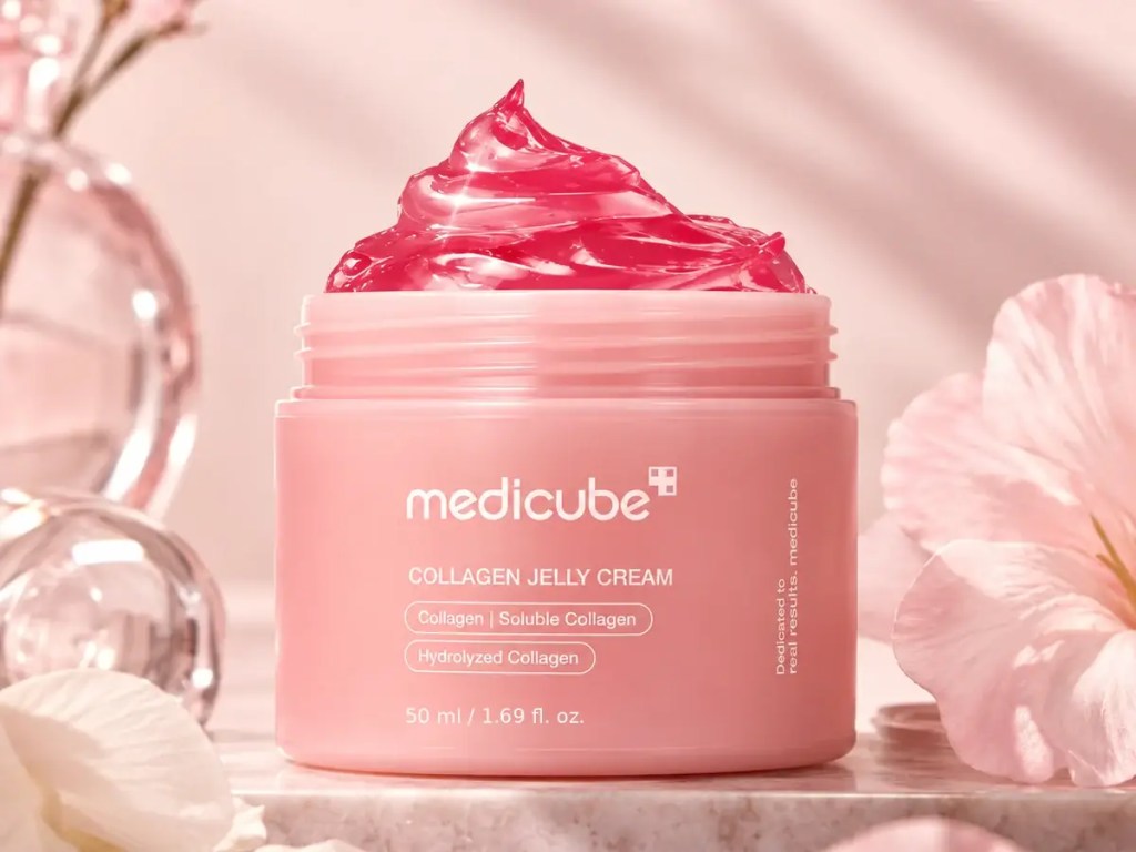 medicube Collagen Jelly Cream 50 ml en un tocador luminoso con textura jelly rosa