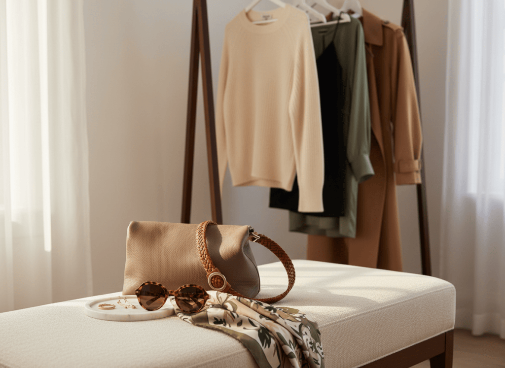Rincón de vestidor elegante con bolso, cinturón, pañuelo y accesorios en tonos neutros