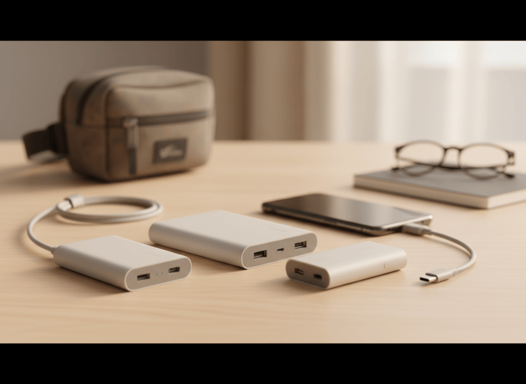 Tres power banks de distintos tamaños junto a un móvil y cable USB-C sobre una mesa de madera