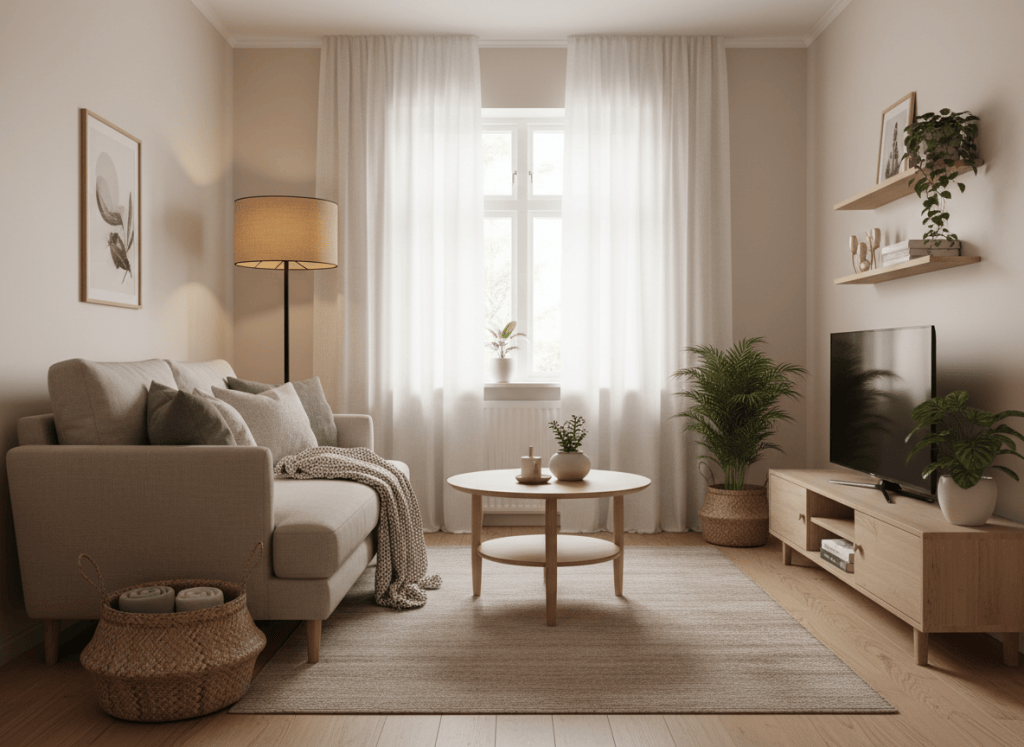Salón pequeño y acogedor con sofá beige, madera, plantas, almacenaje discreto y luz cálida