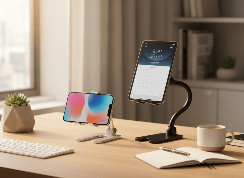 Soportes ajustables para móvil y tablet sobre un escritorio doméstico ordenado