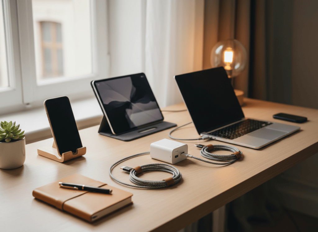 Escritorio doméstico con portátil, móvil, tablet, power bank y accesorios tecnológicos organizados