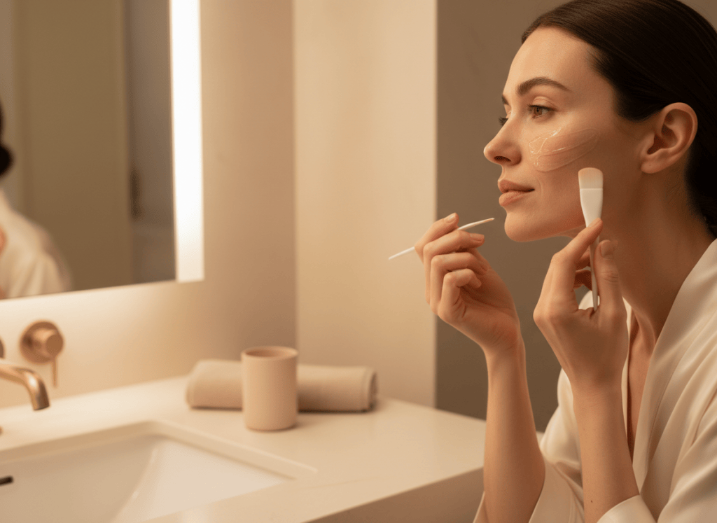 Mujer aplicando una mascarilla cosmética transparente con brocha en una rutina facial nocturna