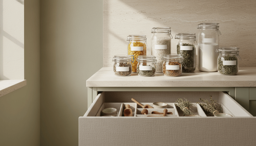 Tarros de cocina organizados con pequeñas etiquetas blancas en una encimera luminosa de tonos crema.