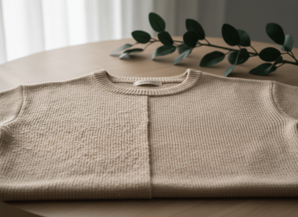 Jersey de punto beige con contraste entre una zona con bolitas y otra zona lisa y cuidada